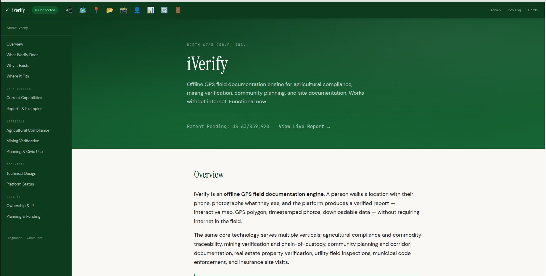 iVerify platform overview — offline GPS field documentation engine, patent pending