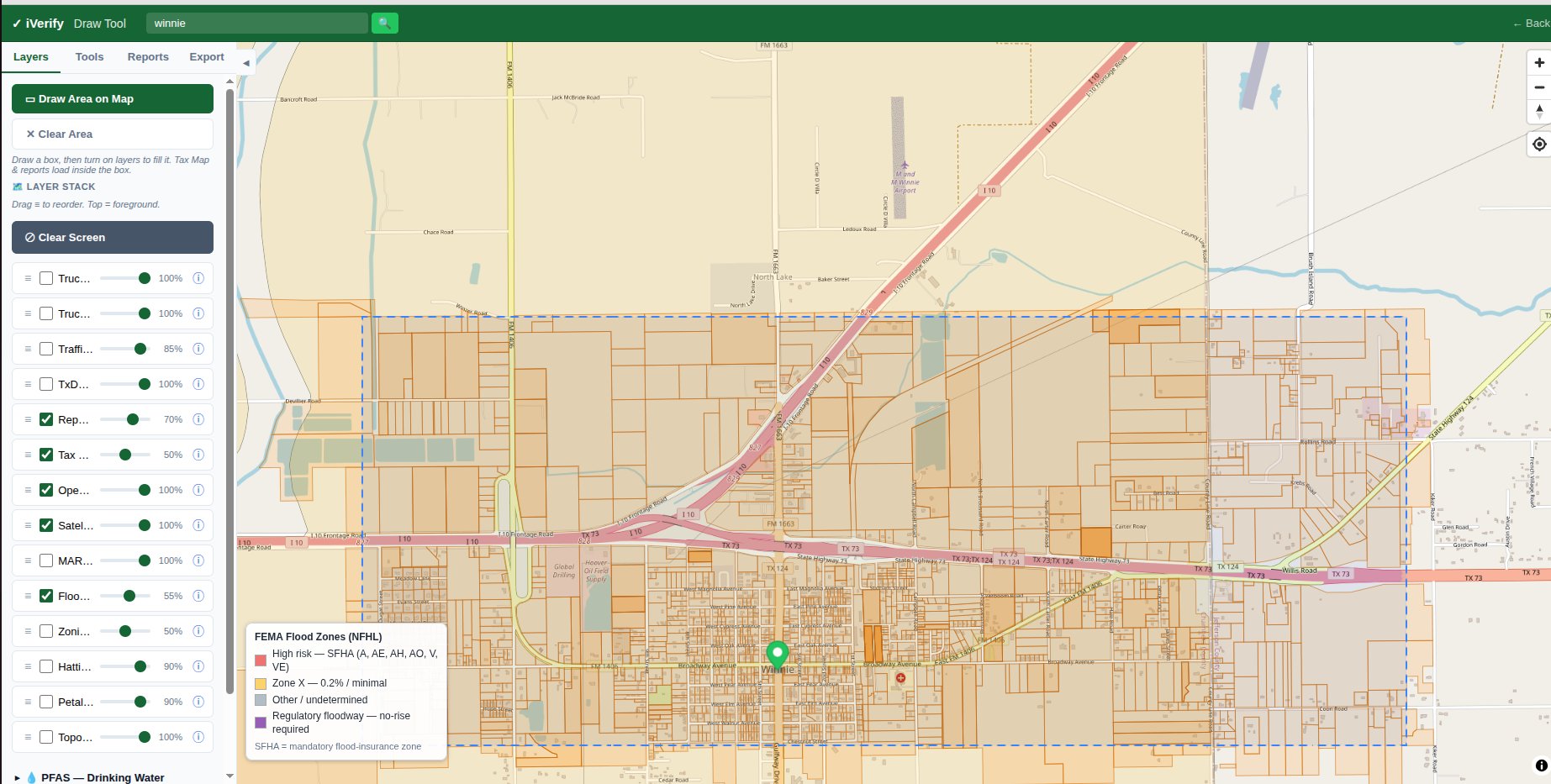 iVerify screening over Winnie, TX showing FEMA flood zones over parcels