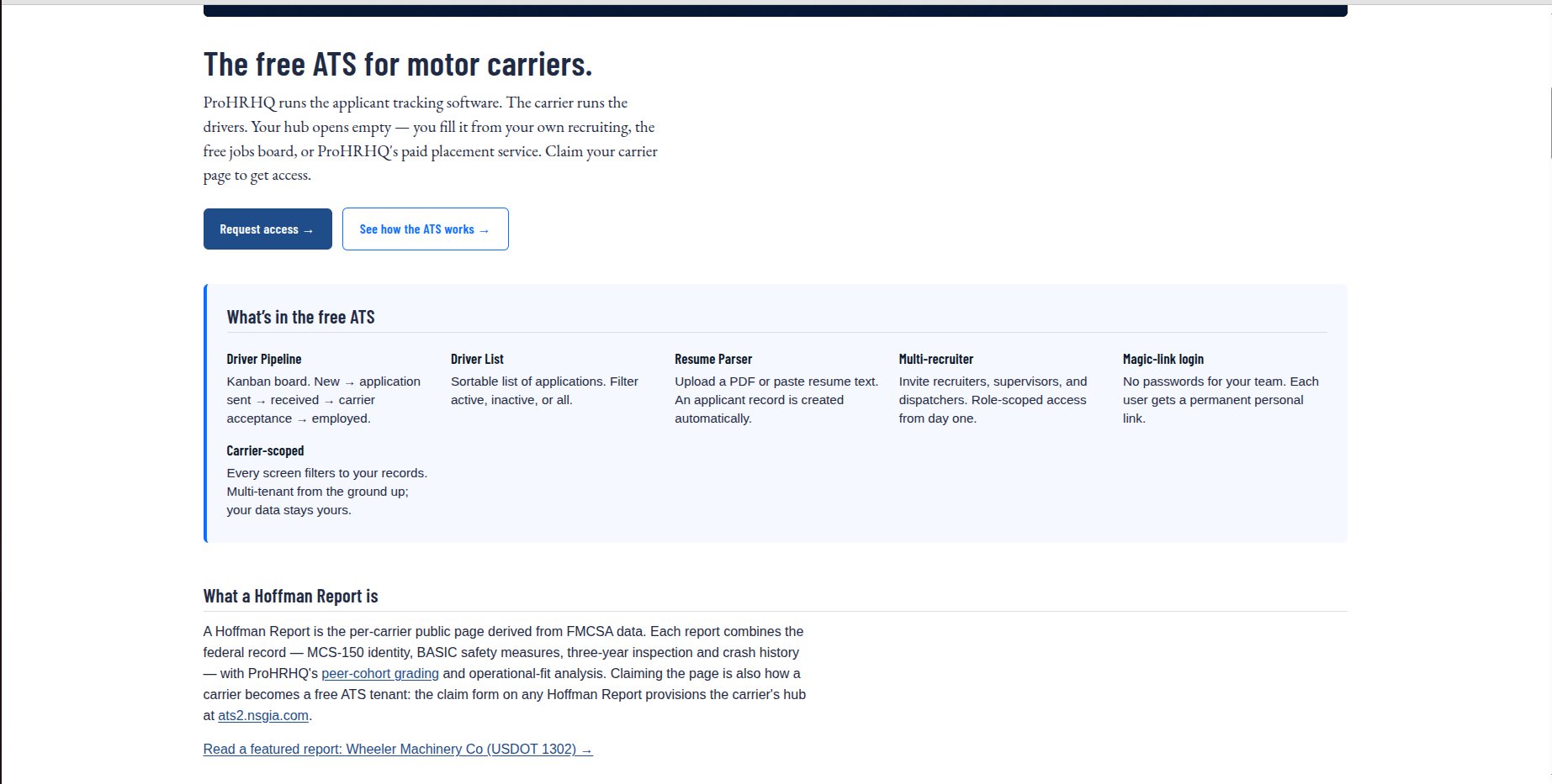 ProHRHQ free ATS for motor carriers — driver pipeline, driver list, resume parser, multi-recruiter, magic-link login