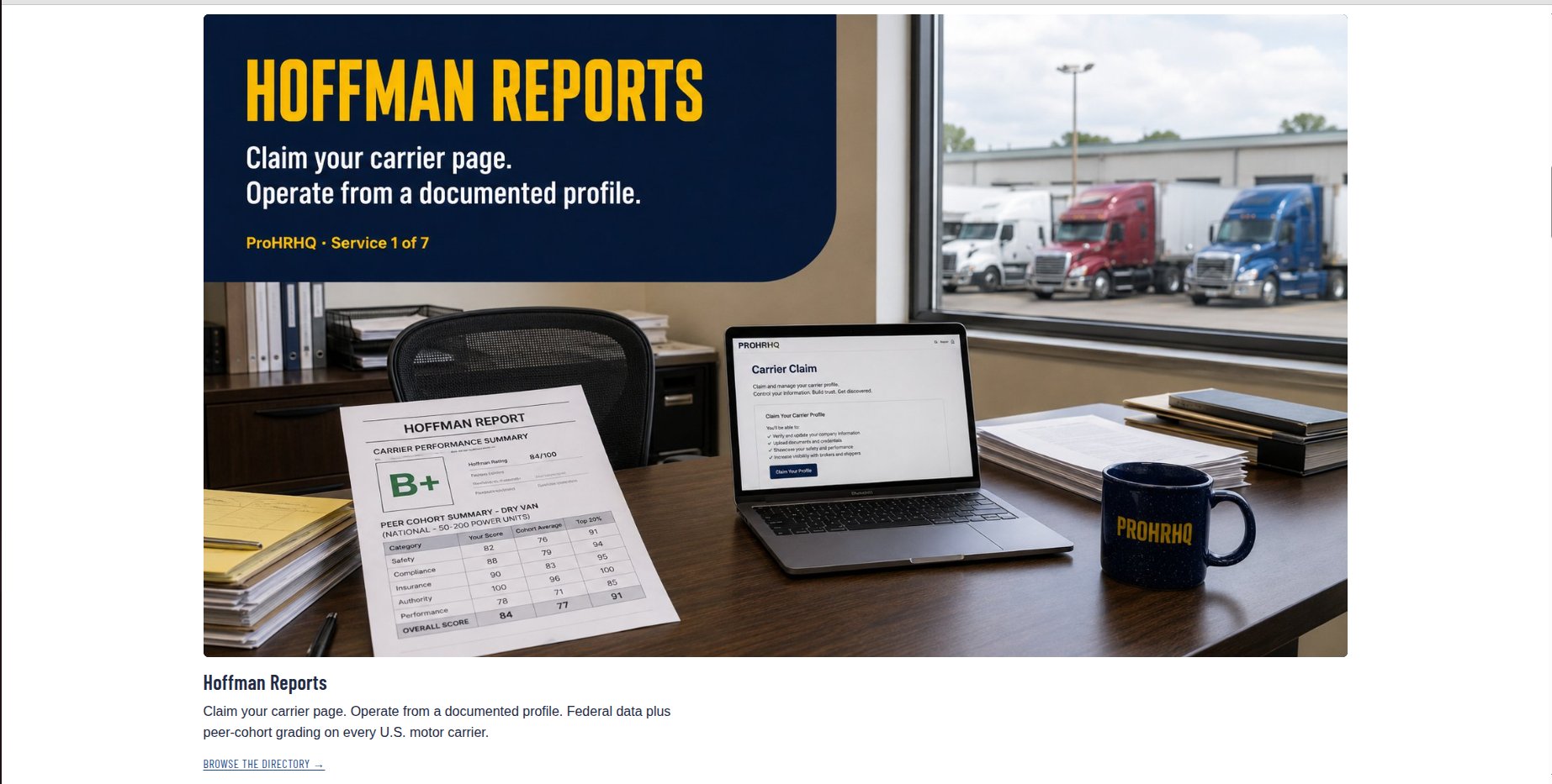 ProHRHQ Hoffman Reports hero with a carrier performance summary and carrier-claim page