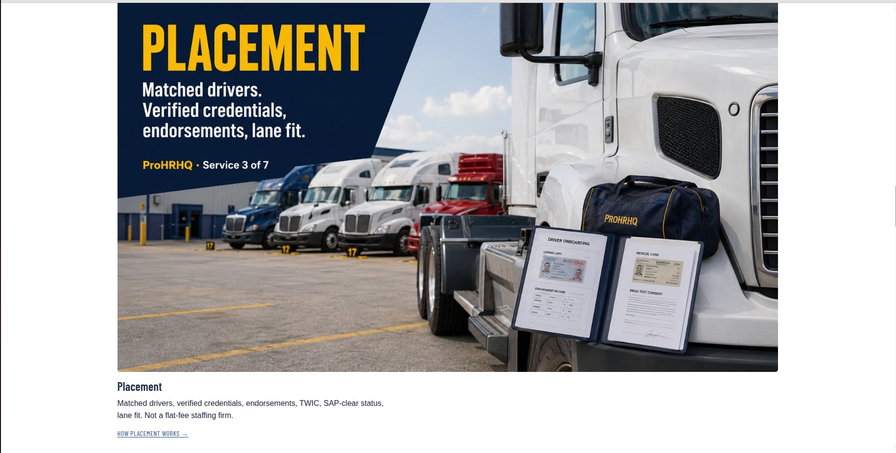 ProHRHQ Placement — matched drivers with verified credentials, endorsements, and lane fit